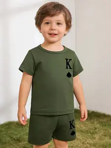 Boys Letter Pattern Printed Round Neck Short Sleeve Set, Casual Daily Wear, Comfortable Fit, Perfect for Playing and School