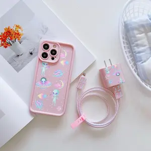 6-Piece Set Alien Pattern Protective Phone Case + Charger Head Cover + Cable Protector + Storage Rope + Data Line Protection Apple iPhone Cases