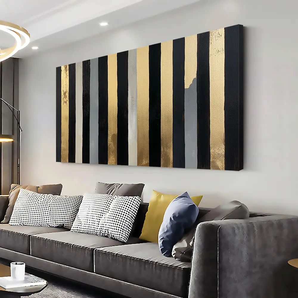 Modern Abstract Gold-Striped Wall Art - Horizontal Framed Canvas Print featuring Vertical Gold Stripes; Horizontal Ink-Style Canvas Art for Living Rooms, Bedrooms, and Offices - Horizontal Wrap-Around Frame, Suitable for Both Modern and Vintage Decor Styl
