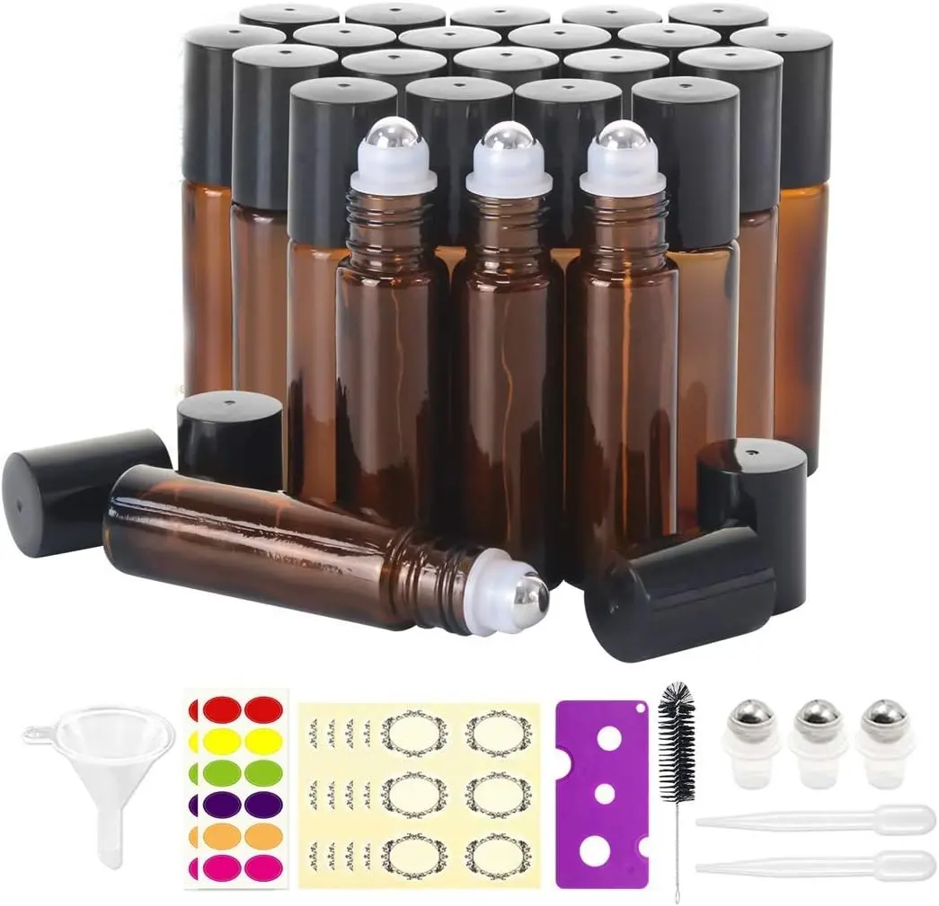 Mavogel 24 Pack 10ml Roller Bottles for Essential Oils, Amber Glass with Stainless Steel Roller Balls, Roller Bottles with Caps for Travel, Perfume and Lip Gloss