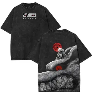 Uchiha Madara Sharingan eyes Kurama Nine Tails Fox Naruto Shippuden Double Printed Washed Unisex Anime Manga Cotton Tshirt gifts graphic 90s tees Top streetwear Fit Womenswear shirt men Seamless Smooth Summer Crewneck Classic Black Casual Shortsleeve