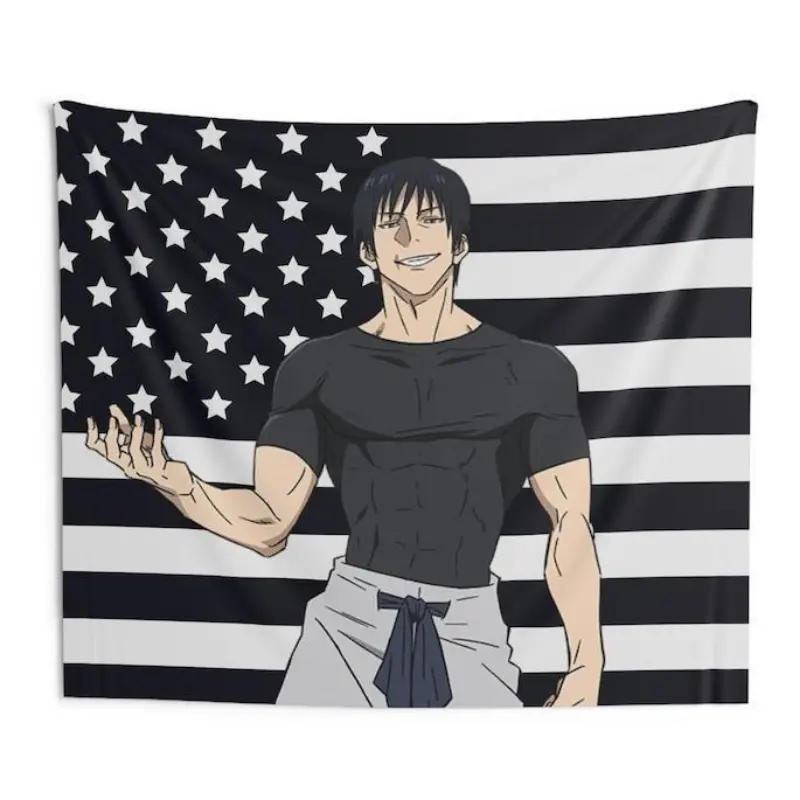 Toji Black USA Flag Linen Tapestry - Jujutsu Kaisen Funny Decorative Tapestry Mat, in Beach-Inspired Wall Decor, Indoor Backdrop Gift for Toji Fans & Starry Aesthetic Merch bedroom decor cool stuff for room leopard room decor anime room decor tapestry