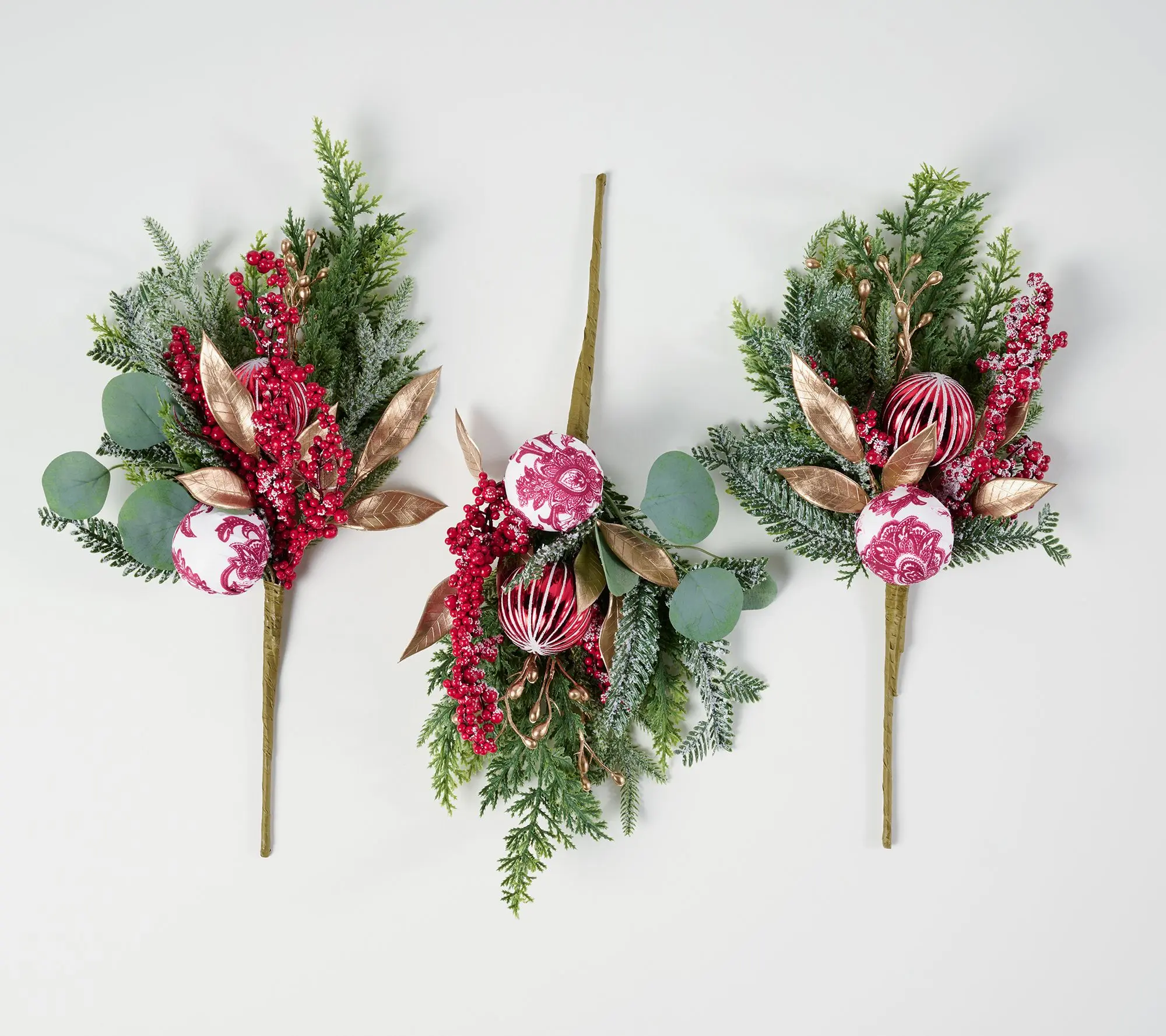 Set of 3 Toile Ornament and Greenery Picks by Valerie