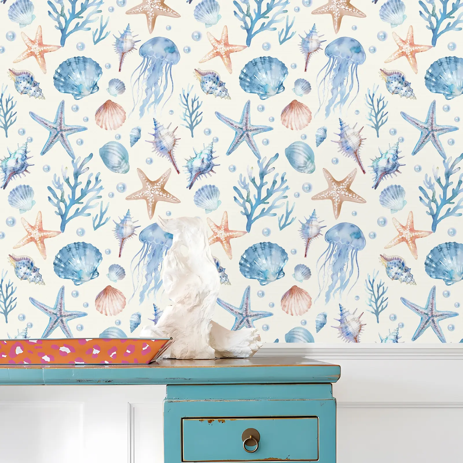 Marine life Self-Adhesive Coastal Wallpaper Roll, Decorative Wallpaper, Peel and Stick Wallpaper, Fresh Natural Style, Easy Peel & Stick, Easy to remove, Waterproof Vinyl Material, Home Decor, Interior Walls