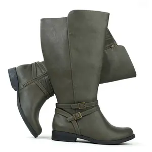 Women's Super Extra Wide Calf Side Zipper Double Buckle Knee High Riding Boots in Olive Green Leather Style Shoe Girl