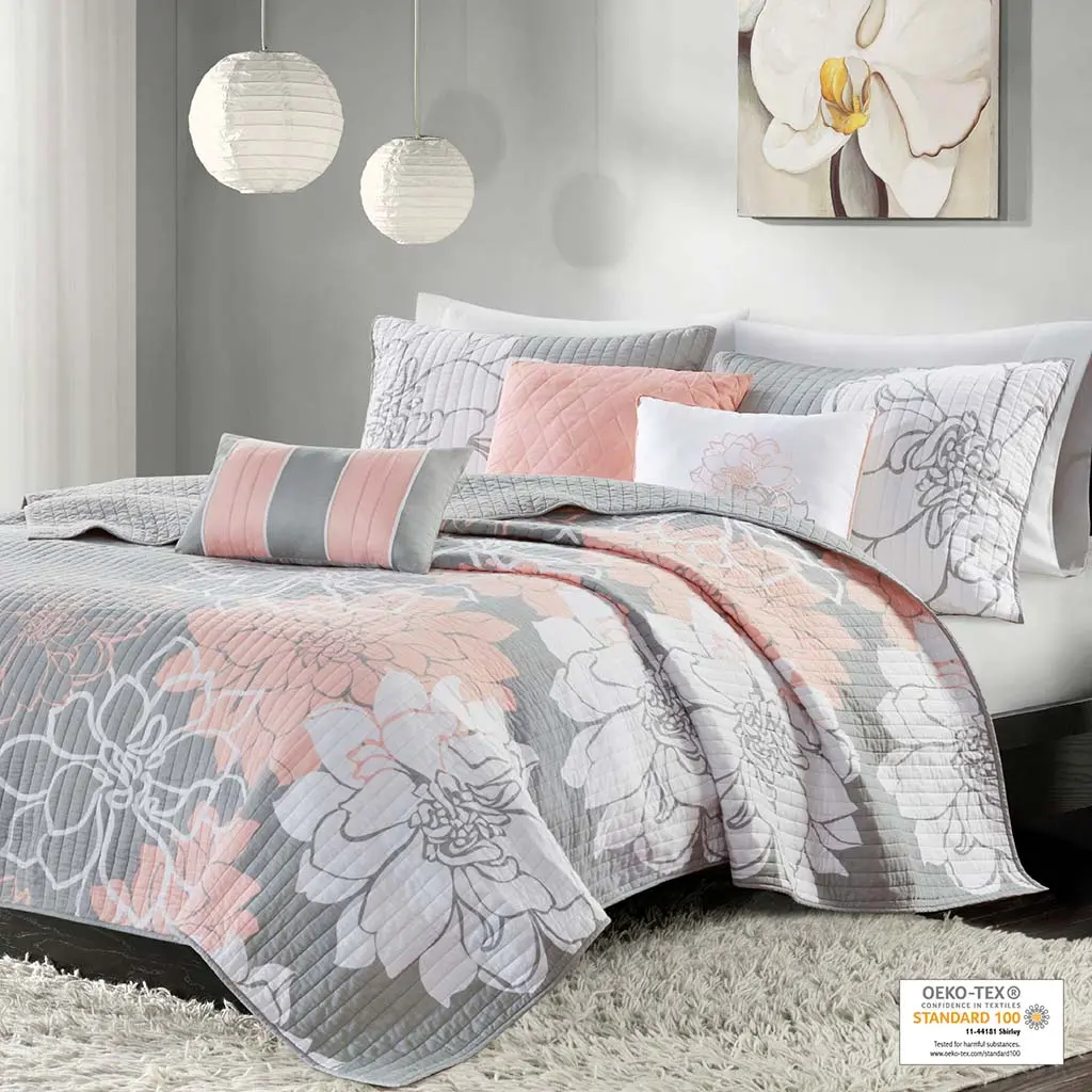 Decorative Bedding Set, 6-Piece Printed Cotton Quilt Set with Throw Pillows