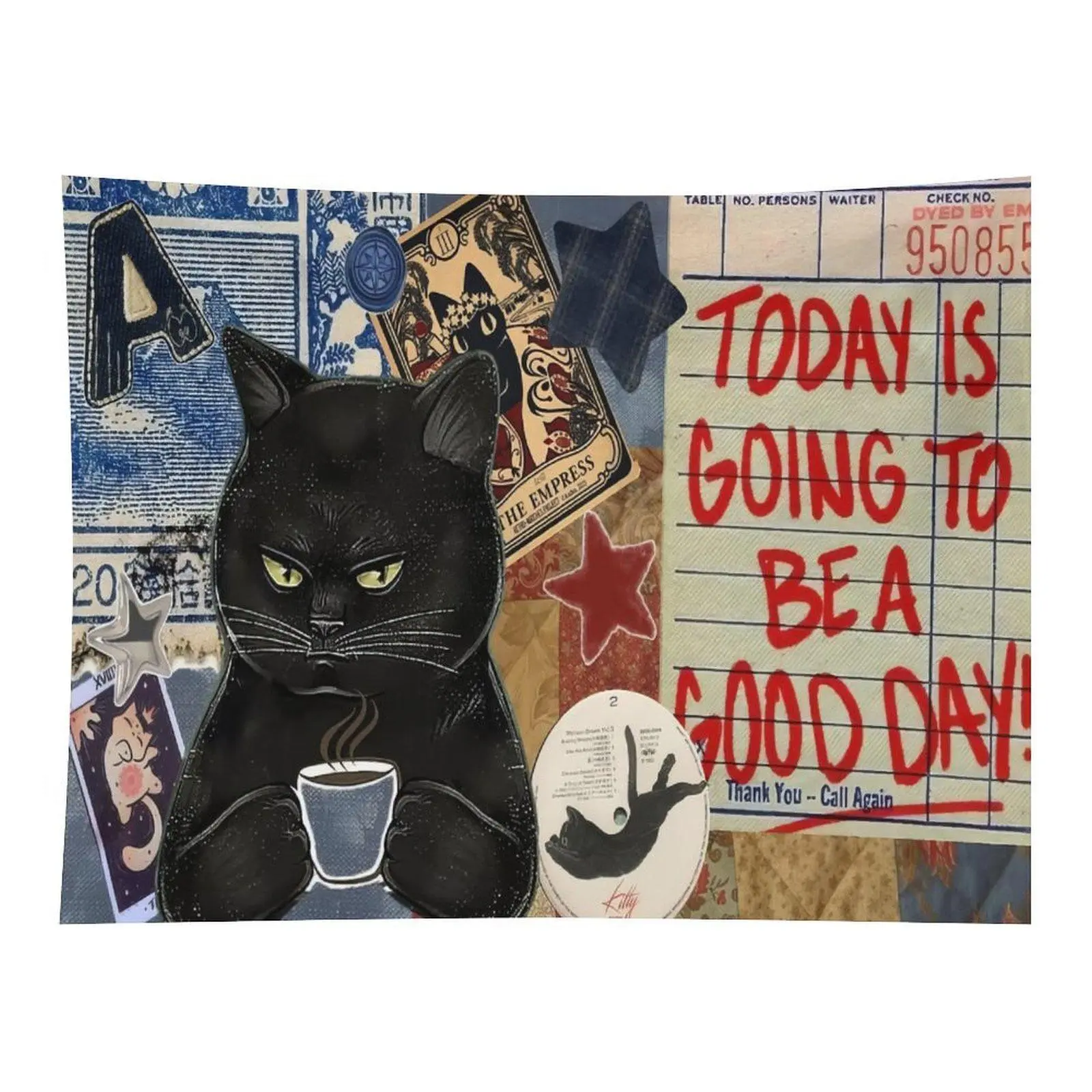 Vintage Collage Black Cat Coffee Tarot Today Is Going To Be A Good Day Wall Tapestry Wall Hanging, Positive Affirmation Witchy Retro Kitty Scrapbook Decor for Boho Bedroom Dorm Office Backdrop