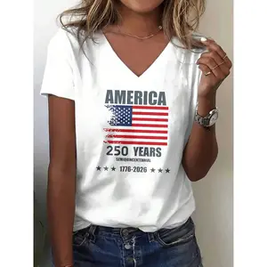 2026 Women V-Neck T Shirt White America 250 Years Semi Quincentennial 1776 2026 Flag Print Independence Day Celebration Party Casual Wear