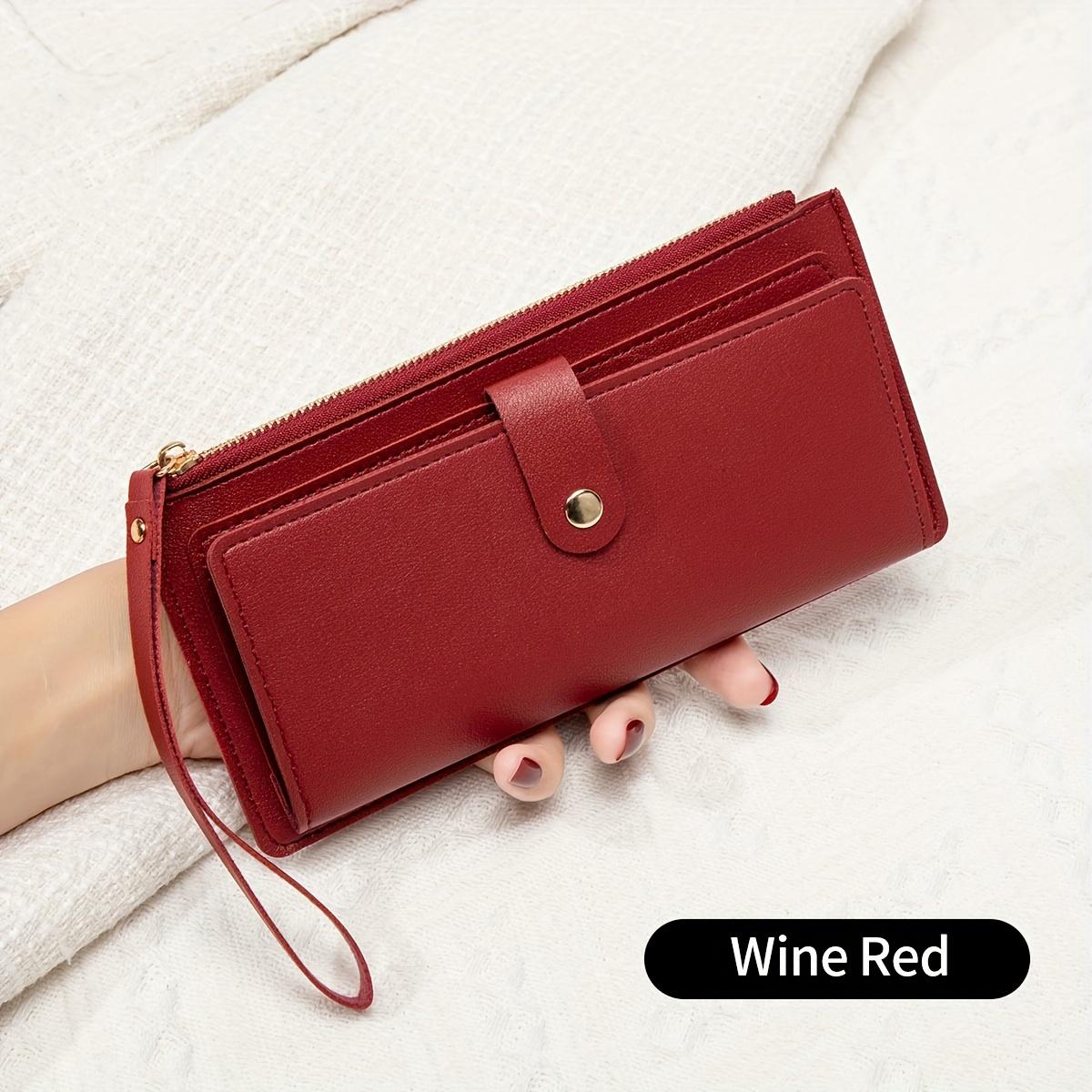 Wine Red Women's Card Holder Wallet, Multi-Functional Zipper Wallet with Multiple Card Slots, Clutch with Snap Closure, Long Zipper Wallet