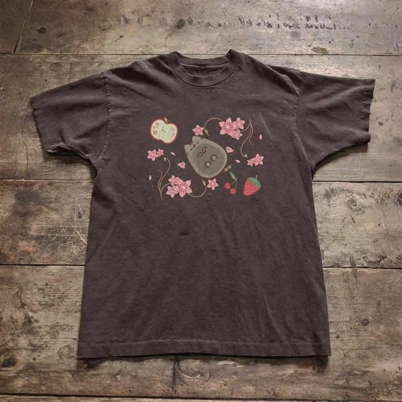 Pusheen Cherry Blossom Sakura T-Shirt | Vintage Japanese Cute Cat Floral Fruit Graphic Tee Aesthetic Top