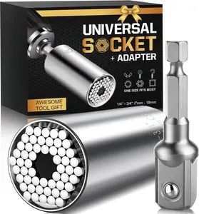 [Limited Time Sale] Father's Day Gifts from Daughter Wife Son, Universal Super Socket, Cool Gadgets Tools Birthday Gifts for Men Dad Him Husband, Socket Set, Multifunction Adapter to Unscrew Any Bolt(7-19mm)-Silver Christmas Gifts