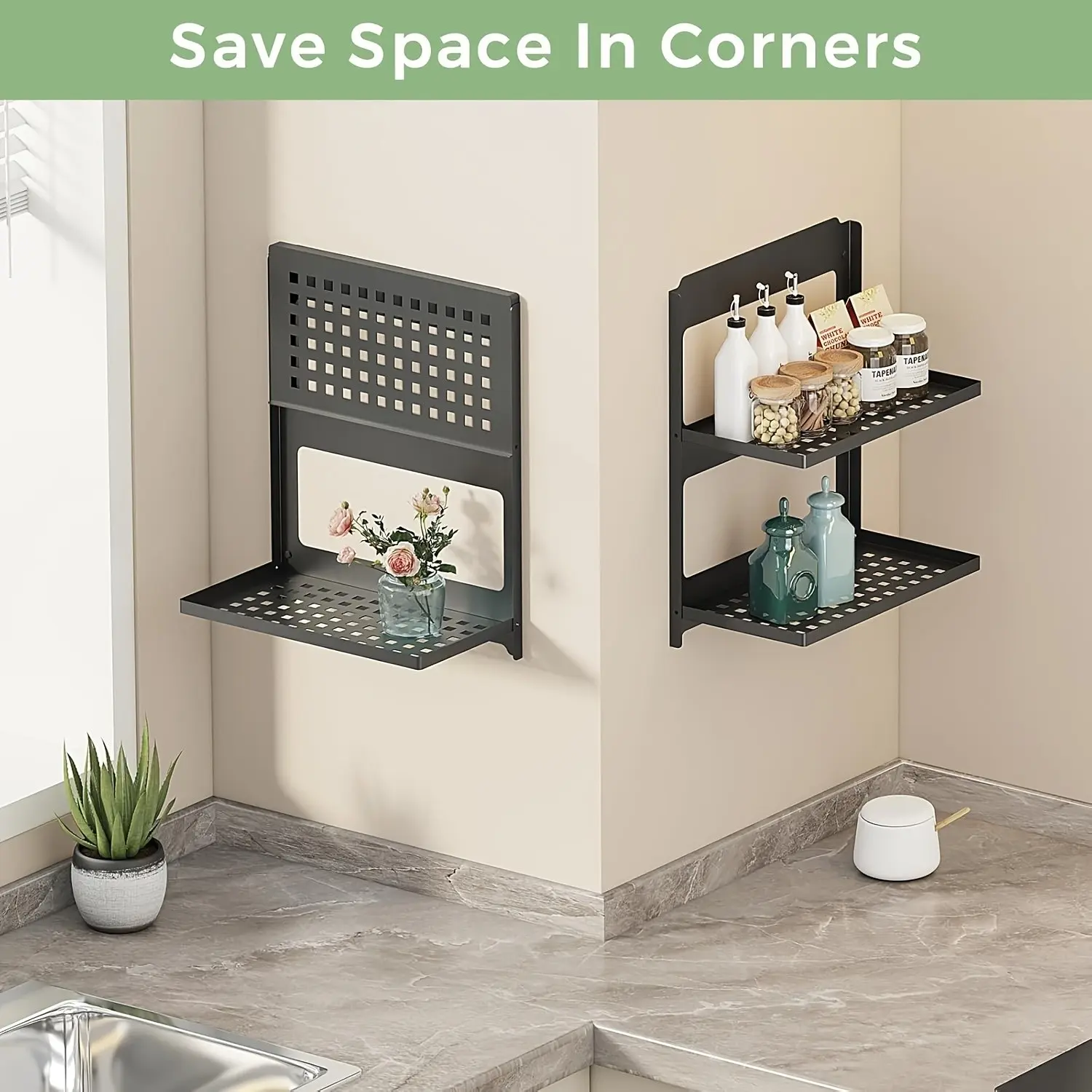 2-Tier Folding Metal Shelf Wall Mounted, Small Foldable Wall Shelf, Drop Down, Combined Stackable, Small Combined Floating Shelf, Corner Wall Shelf