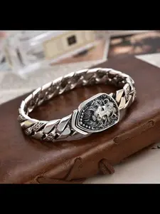 New Retro Lion Bracelet, Bold Men's Punk Rock Fashion Cuban Chain Wristband, Cuban Link Bracelet, Unique Personality Accessory, Stylish Jewelry for Men, Fashionable Jewelry