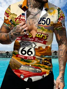 Route 66 American Themed Short Sleeve Shirt, Men's Retro Printed Trendy Casual Top