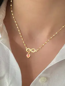 Women's Elegant Fashion Necklace, Stainless Steel Lip Chain, Multicolor Artificial Crystal Heart Pendant, Heart Design Necklace