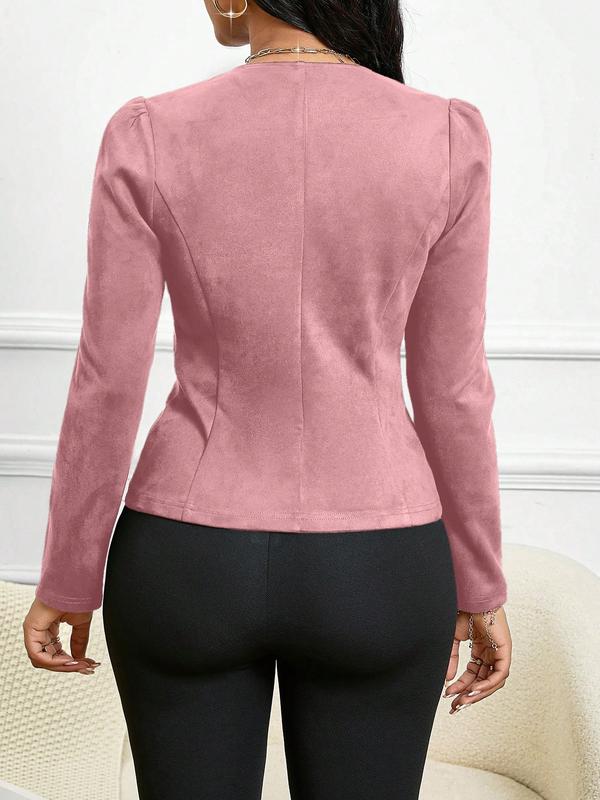 Women's Tan Suede Pearl Button Blazer, Faux Suede Fabric & Decorative Pearl Buttons & Puff Shoulders & Tailored Fit & Multiple Color Options 1pc