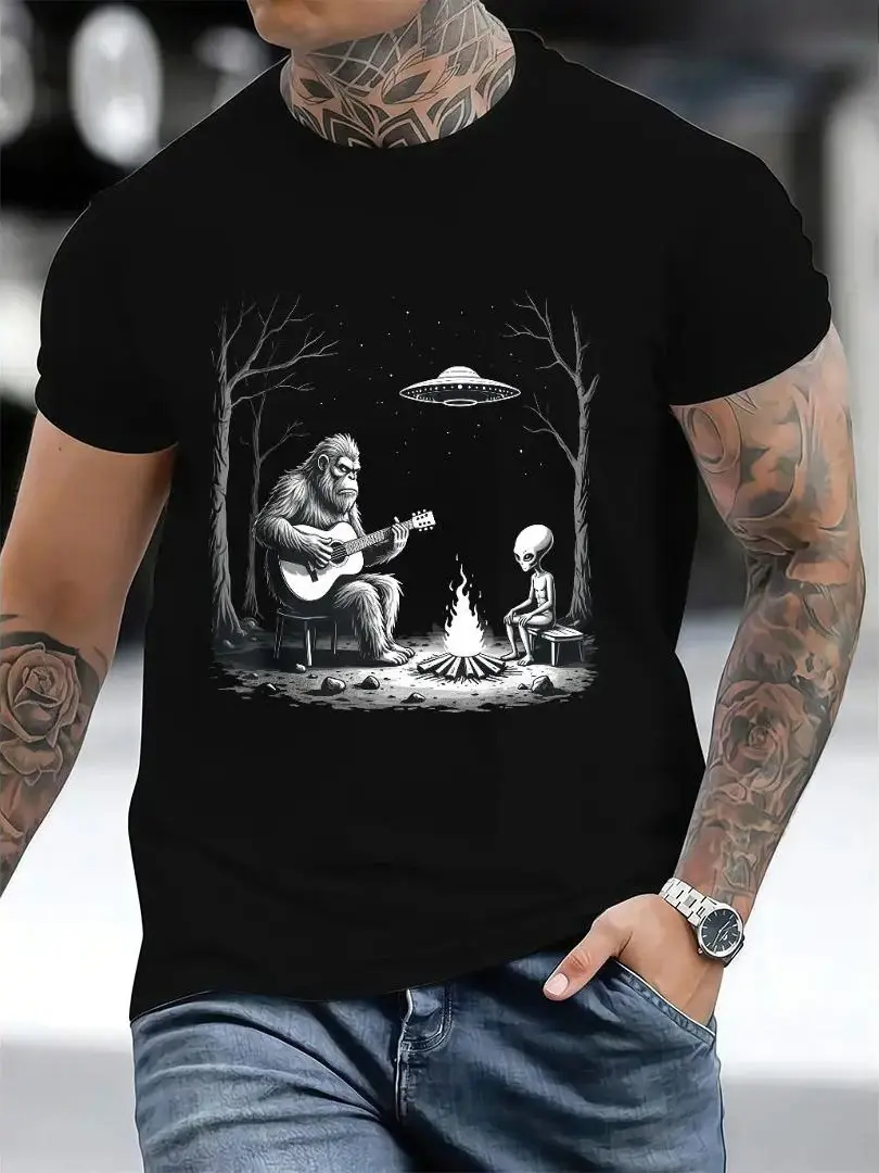 Bigfoot Guitar Tee Campfire Alien Ufo Camping Sasquatch T-Shirt Casual Shortsleeve