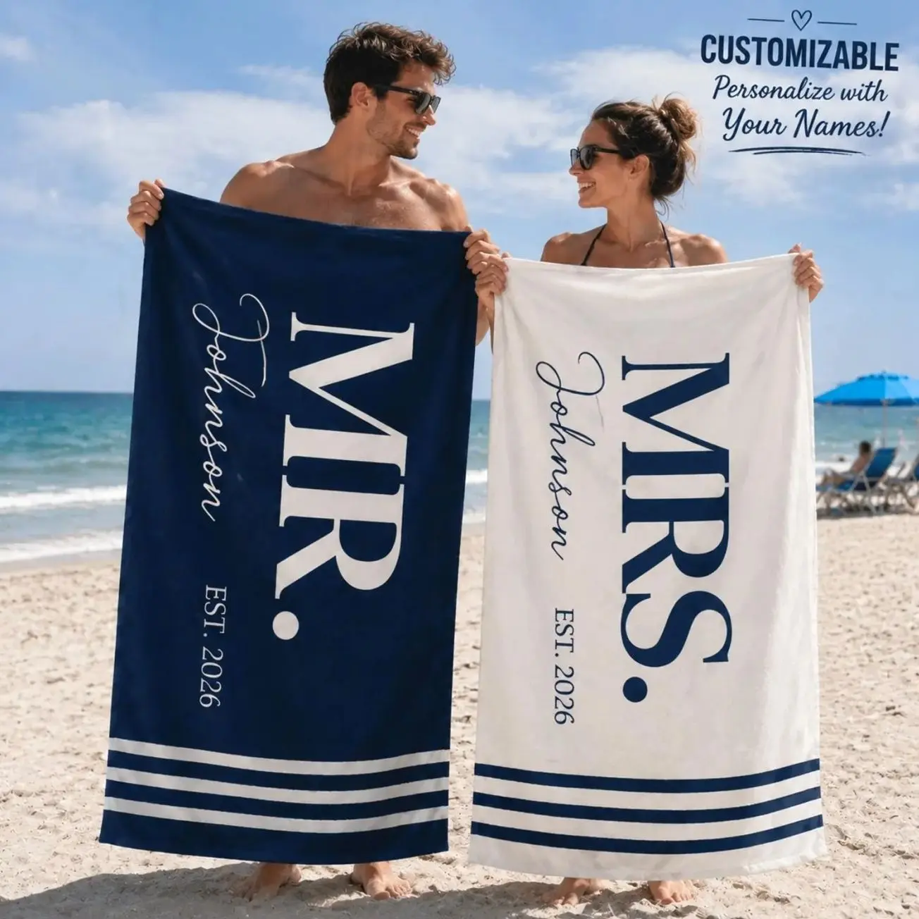 Personalized Couple Beach Towels set 2pcs, Mr and Mrs Beach Towels, Custom Wedding Gift, His and Hers Towels