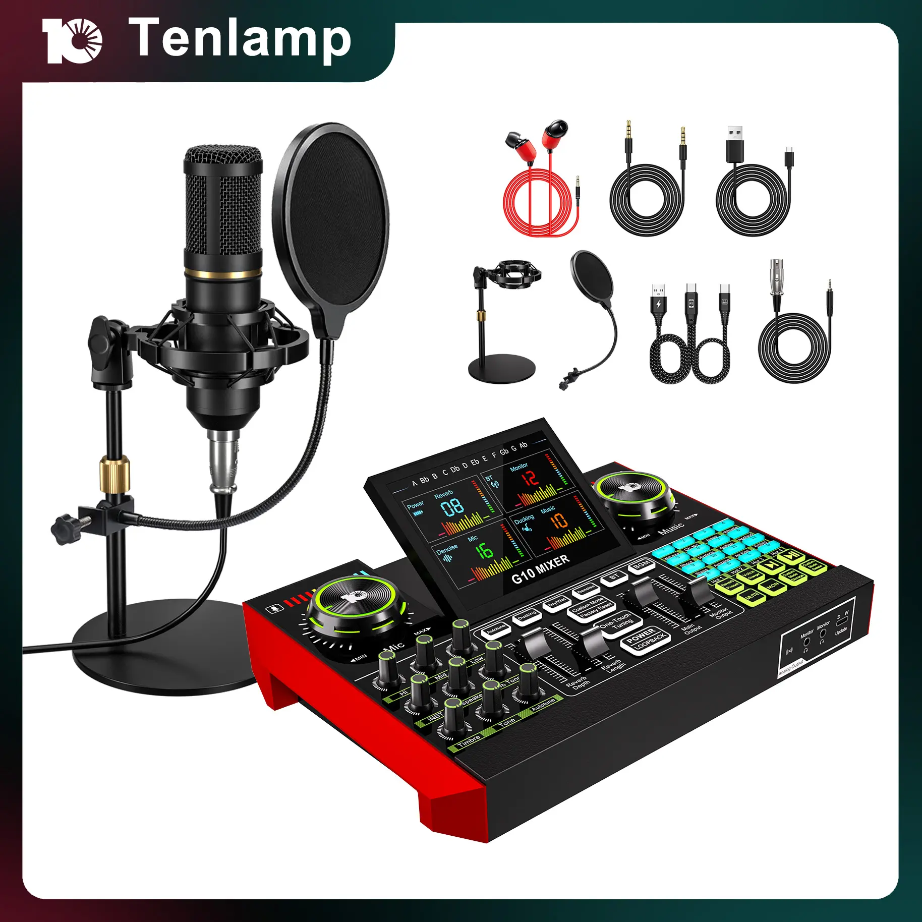 Tenlamp G10-BM800 Sound Card Bundle - Custom-Built Mixer, Condenser Microphone, Audio Interface, Dual-Stage Noise Reduction, Customizable Effects, Abs, Cordless, Voice Control, Manual for Live Streaming, Content Creation