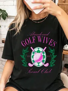 Abandoned Golf Wives Social Club, Golfing & Drinking T-Shirt Print T-Shirt Casual Crew Neck Short Sleeve Comfort Tee Top For Spring & Summer Women's Clothing