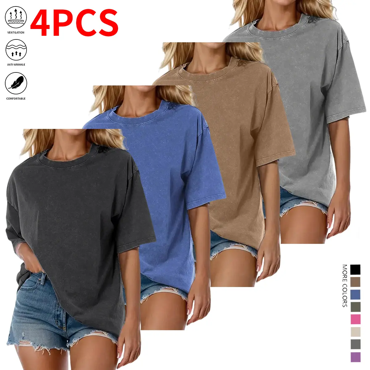 Set of 4 women’s washed solid-color T-shirts, cotton casual retro style, perfect for casual wear.Perfect for gifting to family and friends on Easter, Mother’s Day, Independence Day, and other holidays.  tshirt women