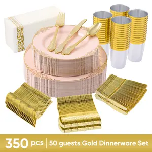 Romantic Pink 350-PCS Disposable Dinnerware Set | Delicate Lace Design with Gold Silverware | Ideal Bridal Shower & Baby Shower Decor #BridalShower #BabyShower
