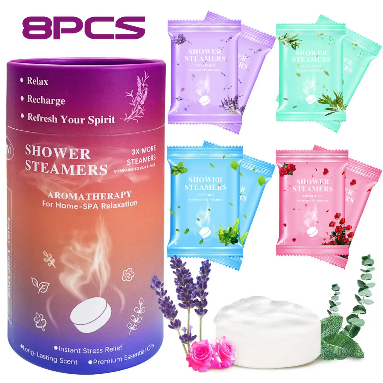 Fragrance Non-Toxic Eco-Friendly Aromatherapy Shower Steamers - 8 Pcs Natural Essential Oil Bath & Body Care for Adults' Stress Relief, Women's Birthday Gifts, Home SPA Self Care Items