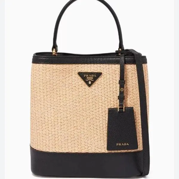 Pre-owned PRADA raffia Shoulder Bags Panier Straw and Leather Bucket Bag 4000011121530