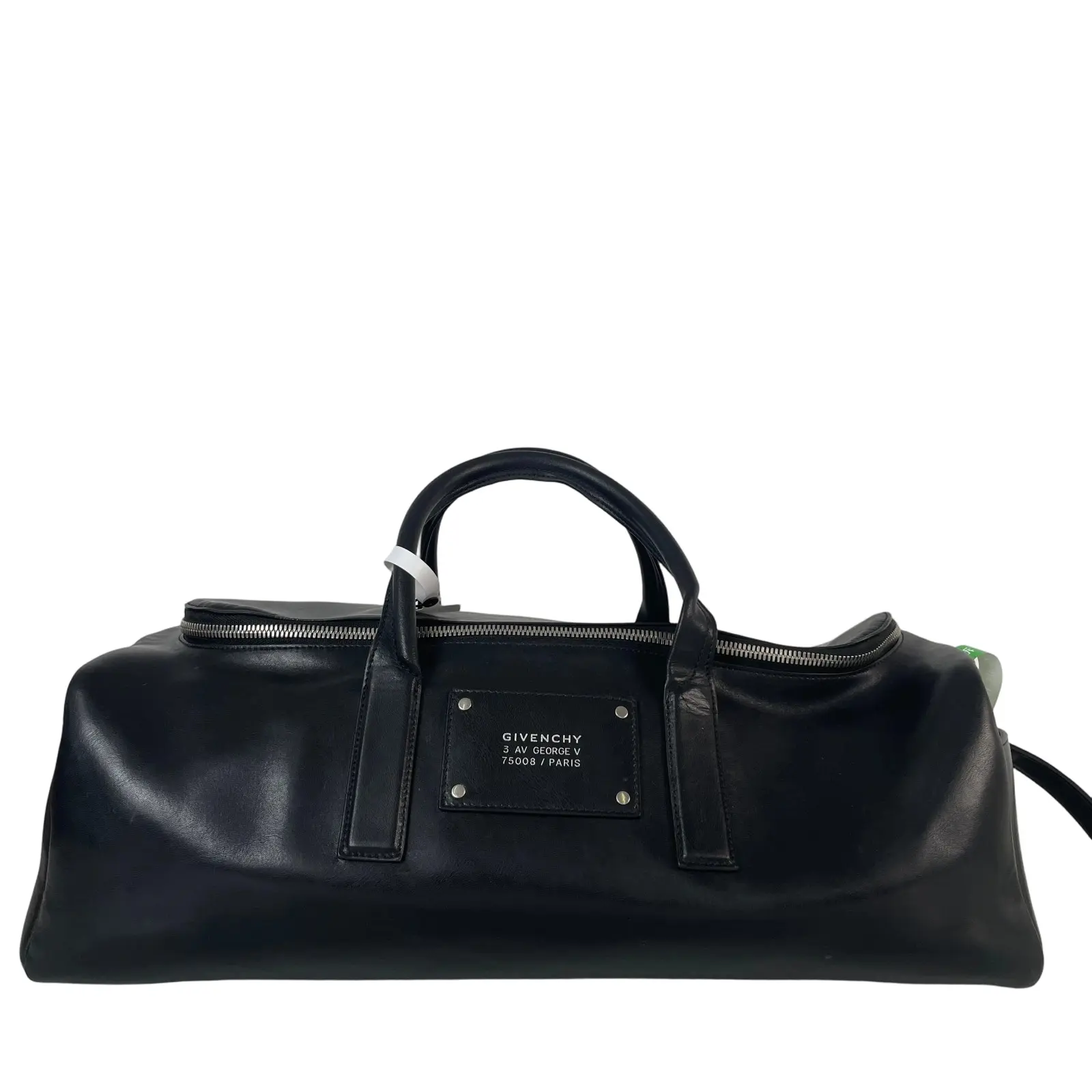 Pre-owned GIVENCHY leather Travel bags Pandora black duffle bag, roomy capacity, classic plaque detail, vintage large‑size hand‑carry travel bag.+++bag charm