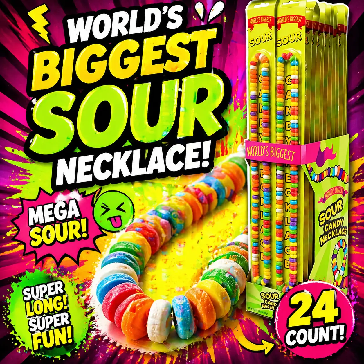 World's Biggest Sour Candy Necklace 24 Count  Giant Wearable Sour Candy Necklaces | Individually Wrapped Party Favors & Retro Treats
