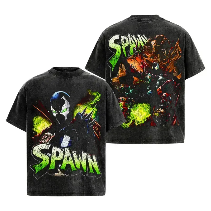 Retro Distressed Washed Oversized T-Shirt Unisex Crew Neck Cotton Dark Masked Warrior Horned Demon Toxic Green Slime Gradient Graffiti Text Graphic Casual Outdoor Gothic Comic Streetwear Loose Fit Simple Tee For Men & Women