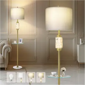 Modern Floor Lamp for Living Room with Glass Tray and Night Light,  Bedroom Lamp, Tall Lamp with Linen Shade, Marble Base Standing Lamp for Living Room,Bedroom,Office(Bulb Included)