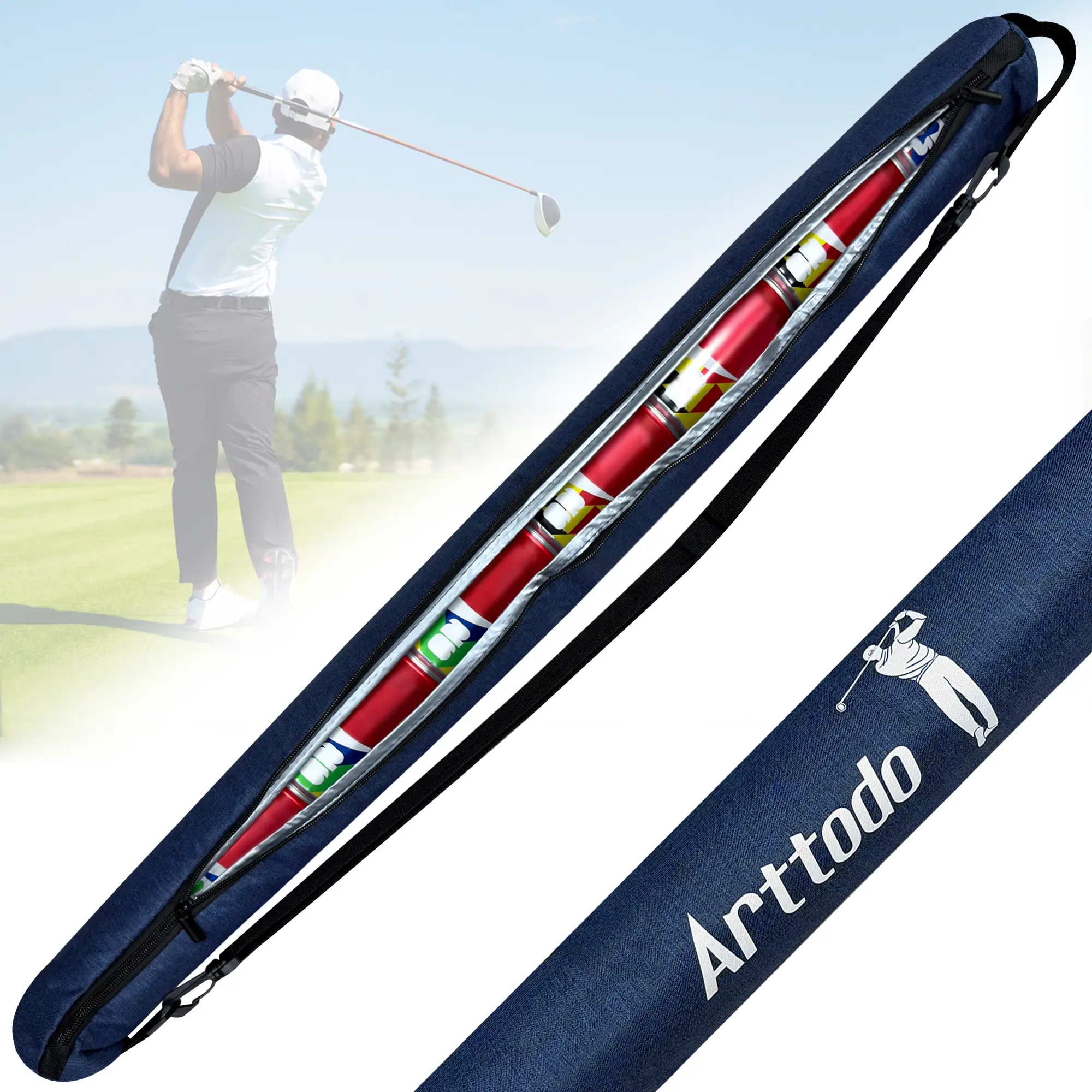 Arttodo Golf Cooler Bag, 7-Can Insulated Cooler Sleeve - Keeps Canned Beverages Cold On The Golf Course, Leak Proof Zipper Fits Discreetly in Golf Bags, Golf Accessories for Men