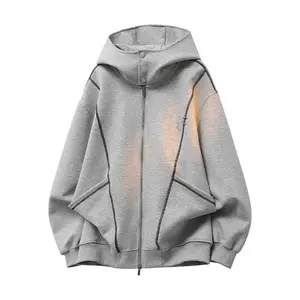Men's Navy Oversized Hooded Jacket with Contrast Stitching Full Zip Casual Streetwear Sweatshirt Medium Fit for Everyday Wear