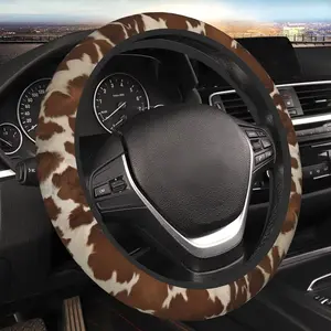 Brown Cow Steering Wheel Cover Women Cowhide Car Accessories 15 Inch Grip Steering Wheel Cover for Car SUV Truck Sedans, Cute Cowhide Anti-Slip, Odorless Cloth Steering Wheel Covers
