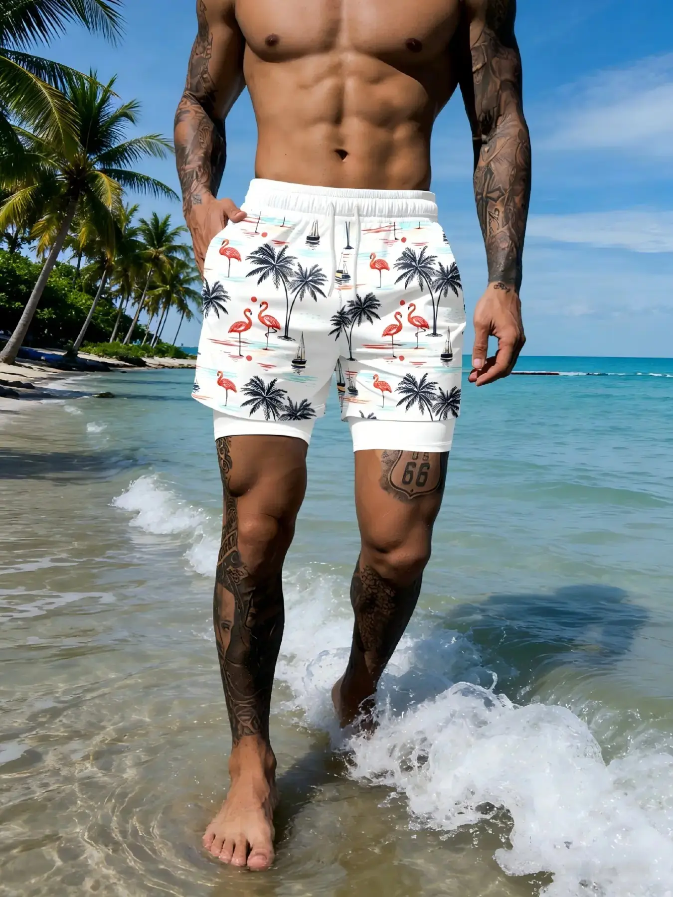 Men's Firebird Tropical Beach Shorts, Beach Swim Trunks, Quick-Dry Breathable Swimwear, Adjustable Waist, Summer Fashion, Two-In-One Double-Layer Shorts 2026 Model, Summer Swim Bottoms, Swimming Shorts