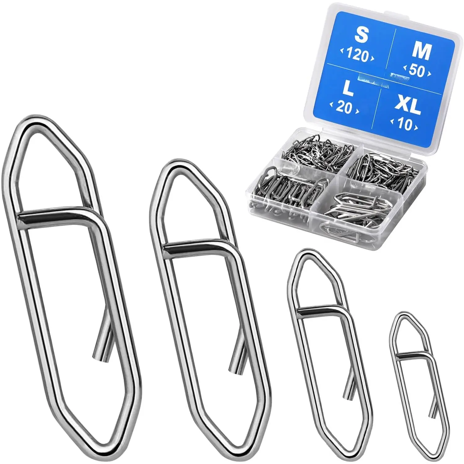 200 count Fishing Power Speed Clips (S:120, M:50, L:20, XL:10), High Strength Stainless Steel Speed Clip for Fishing Lure Quick Change, Freshwater Saltwater Lure Connector Tackle Yifanyou Sports