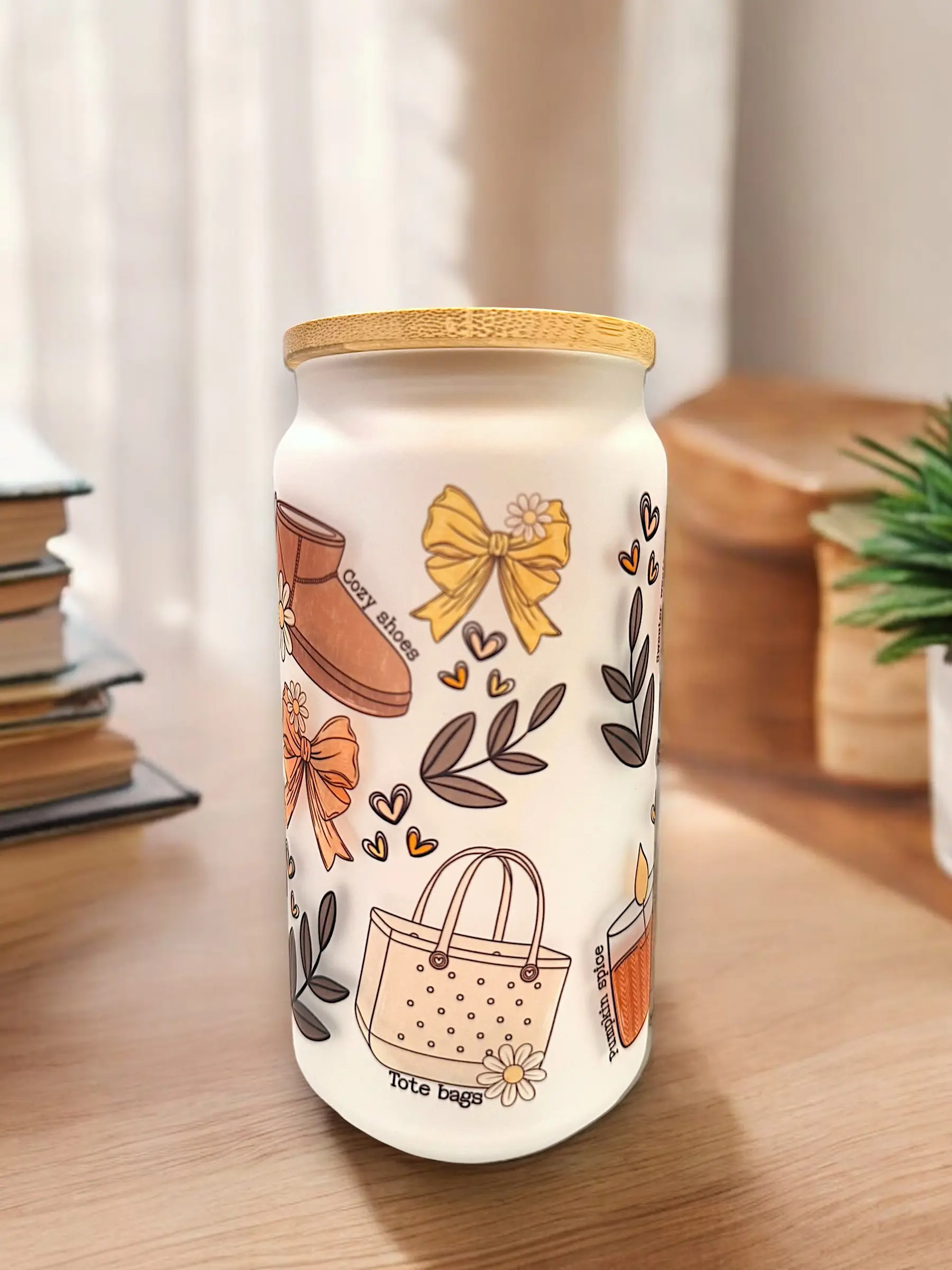 Libbey Mug Cup Bamboo Glass Lid Straw Drinkware  - Cozy Fall Aesthetic | Gifts for Her glass cup