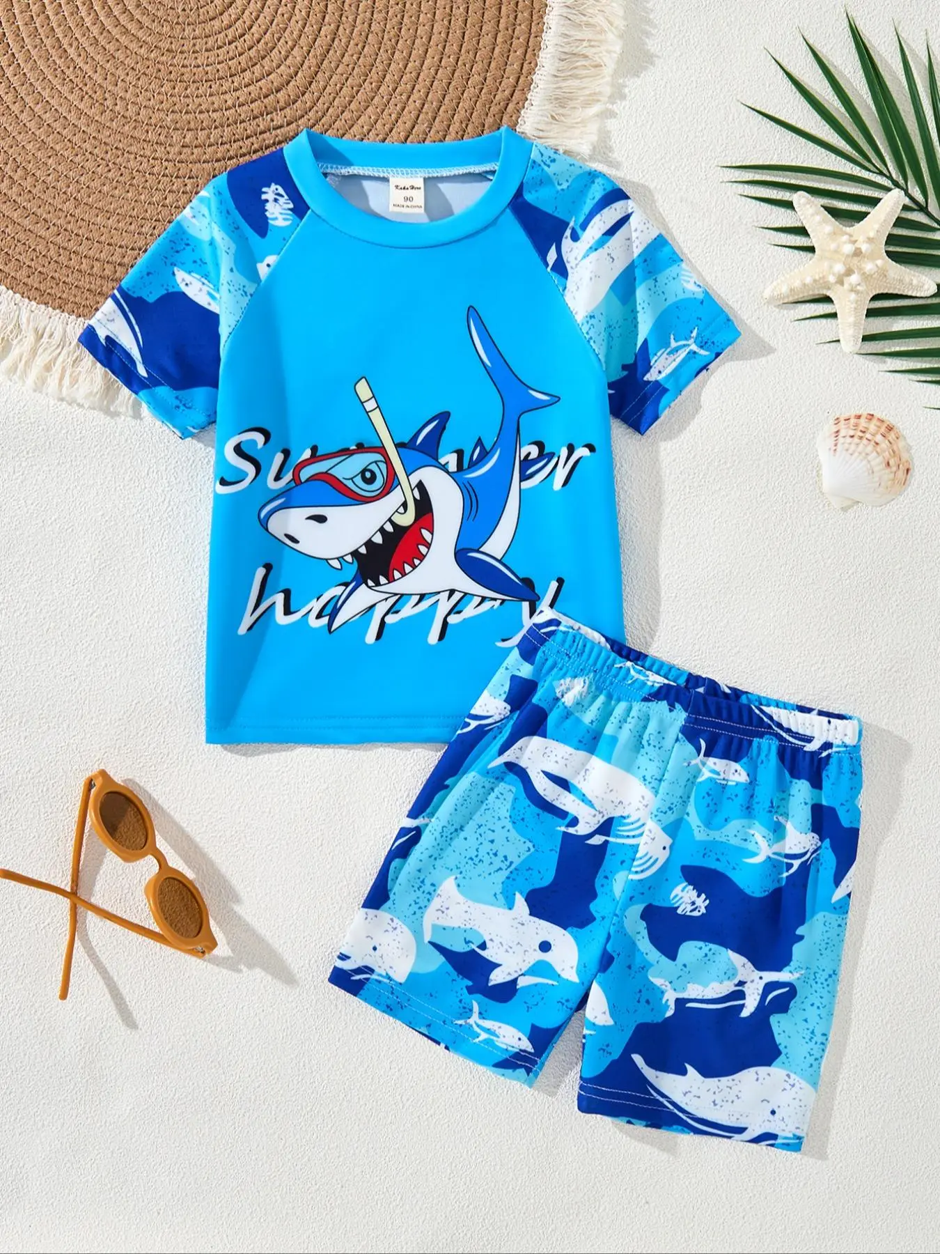 Boy's Cartoon Animal Print Short Sleeve Round Neck Rashguard & Elastic Waist Swim Shorts Set, Tight-fitting Casual Soft Comfortable  Breathable Swimwear Set for Beach Swimming, Rash Guard Sets, Kids Swimsuit for All Seasons, Swimwear Outfits