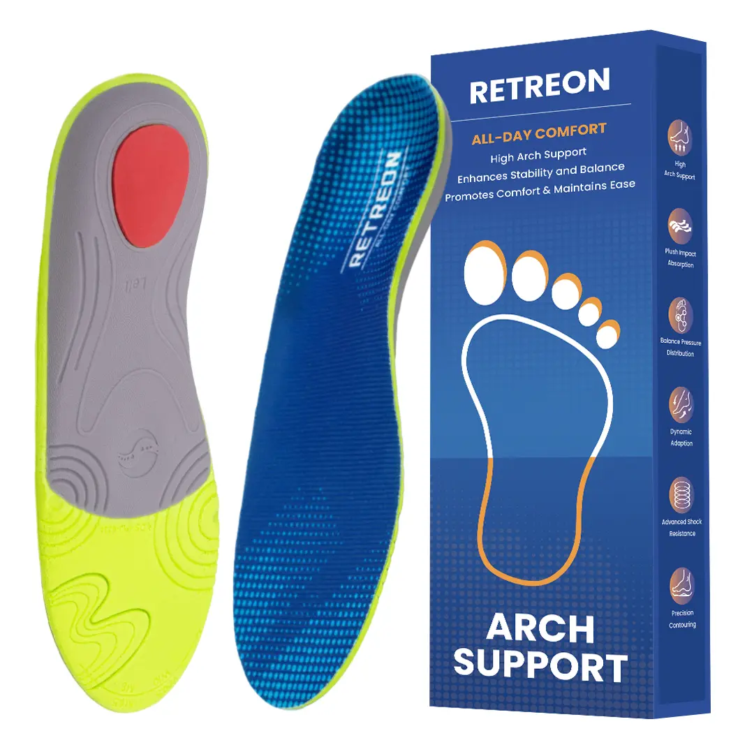 RETREON Arch Support Insoles with Shock Absorption - Plantar Fasciitis Relief, Contoured Arch Base Cushion Insoles & Heel Liners, Trim-to-Fit for Work Boots, Sneakers, Dress Shoes, All-Day Comfort for Standing, Walking, Unisex for Men & Women