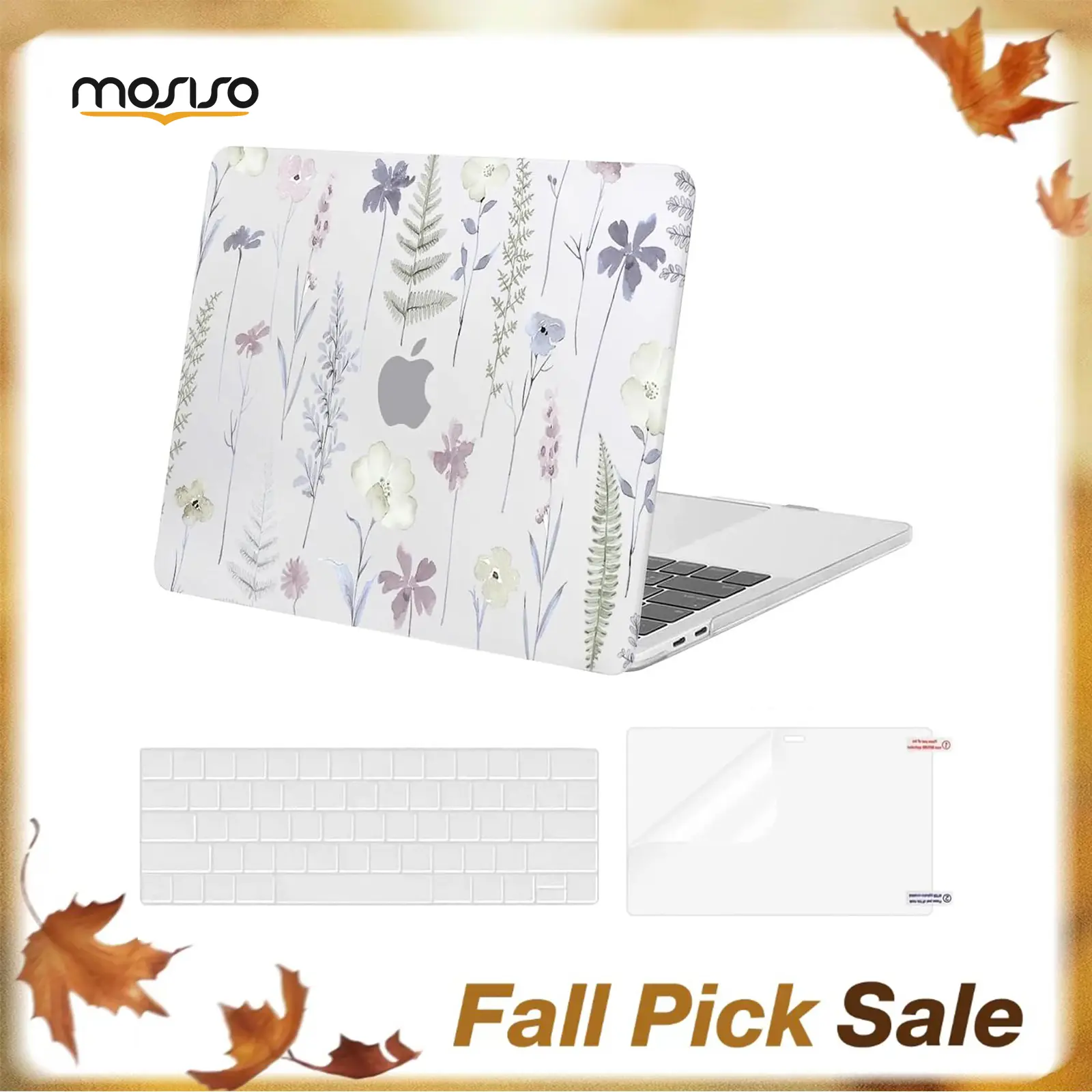 MOSISO Hard Shell Protective Set for MacBook Pro 13in (M2 2026,2025,2024-2016 A2338 M1 A2251 A2289 A2159 A1989 A1708 A1706) - Transparent Plastic Floral Print Cover with Keyboard Cover, Screen Protector, Port Access, Water Resistant, Back to School Haul