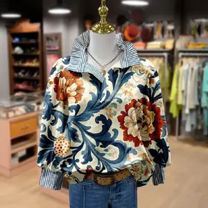 Cherrybetty Women's Vintage Floral Print Striped Collar Top Going Outfits Blouses 90s Tops Funny Shirts Women Elegant Classy Tops Blouse Classyoutfit Women cute summer outfit boho Casual Style cute summer outfit women's summer outfits