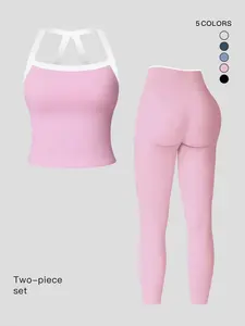 Women's Yoga Set, Sports Activewear Set, Colorblock Crisscross Backless Crop Top & High Waist Tummy Control Butt-Lifting Leggings, Yoga Pilates Tight-Fitting Sportswear, Comfy Breathable Quick-Drying Two-Piece Set, Tennis Outfit