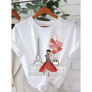 Women's Parisian Graphic Print White Tee with Eiffel Tower for Casual Everyday Valentine's Day Outfits  Aesthetic Clothes