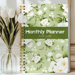 1pc 2026 Jan-Dec Monthly Planner, Aesthetic Green Floral Cover, Large Calendar Layout, Notes & To-Do Sections, Cute Pastel Design, Perfect for Office, School or Home Use, Easy Planning,Elegant Gift, Stay Organized All Year