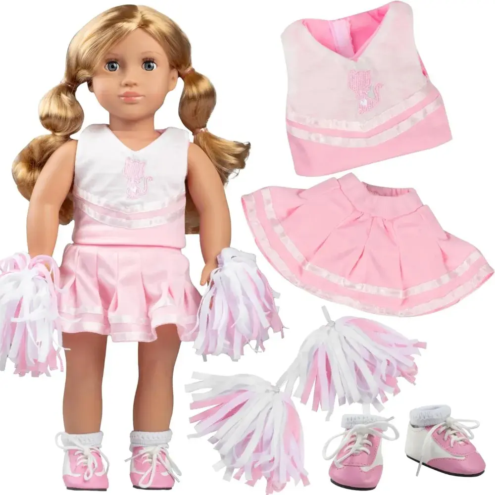 Dress Along Dolly 5pc Cheerleader Doll Outfit for 18" Dolls, Compatible with American Girl Dolls- Includes Pom Poms, Uniform, Socks, & Cheer Shoes