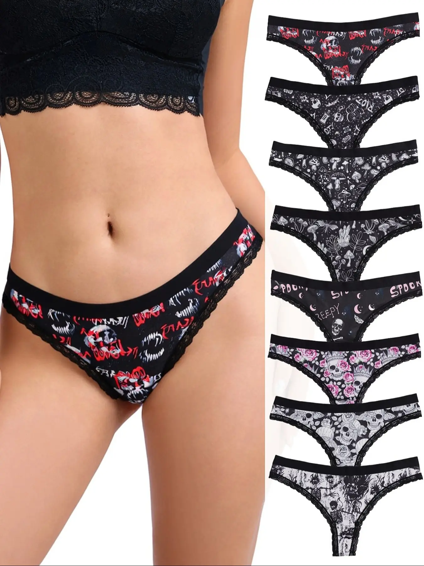 8-Pack Women's Lace Trim Underwear Set, Comfortable Breathable Thong Panties, Slim-Fit Plain Design, All-Season Wear