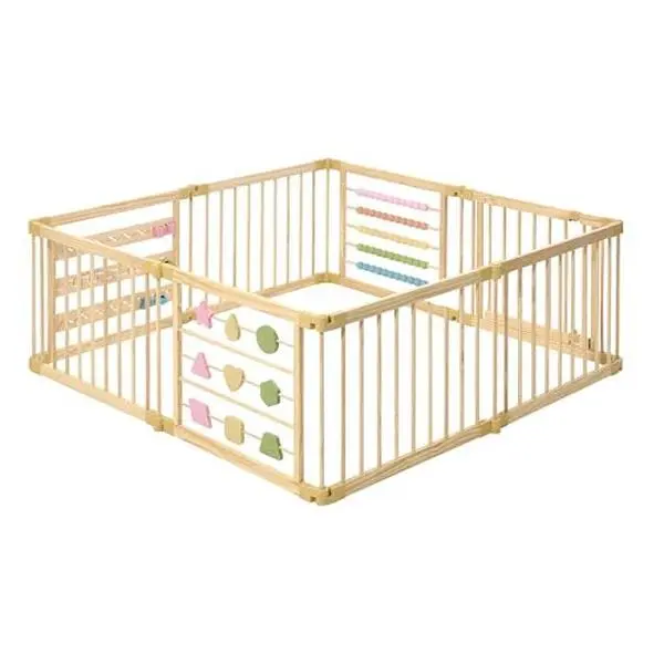 ZETY BABY Natural Wood Playpen - Foldable, Adjustable Play Area with Door and Built-In Activity Toys for Babies and Toddlers