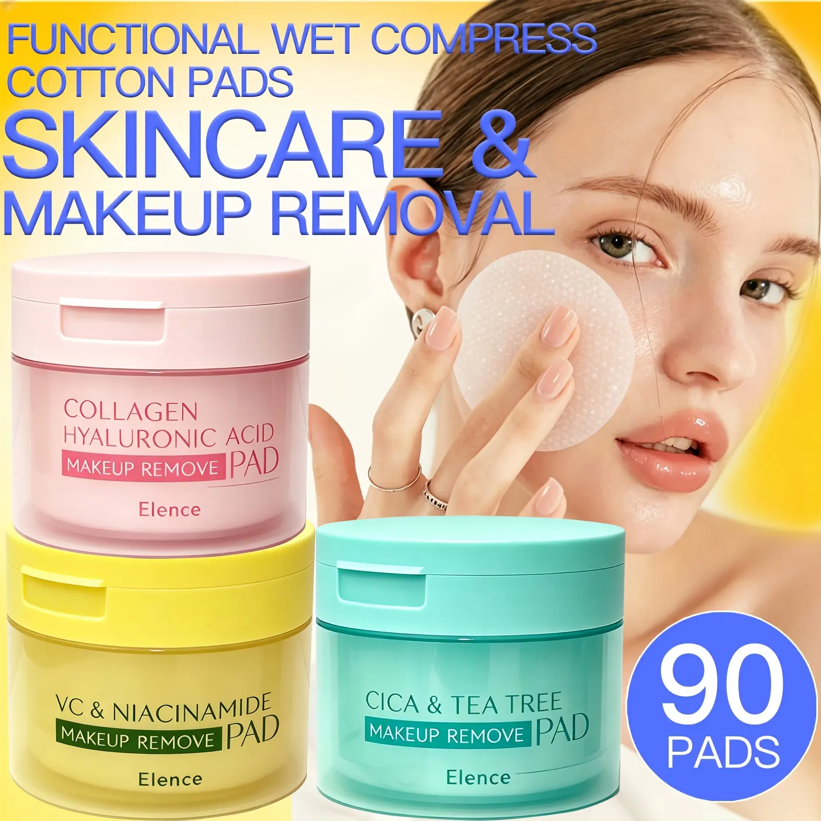 Elence Dual-Action Skincare & Makeup Remover Pads (90 Pcs) - Cleansing Toner Pads with Serums, Collagen, Vitamin C, Cica or Tea Tree, Deep Cleansing, Hydrating, Soothing for All Skin Types