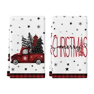 Christmas Hand Towel Set of 2, Red Truck Hand Towels, 18x26 Inch, Merry Christmas Tree Towel for Bathroom Home Kitchen, Soft Towel Red Buffalo Plaid Decoration, Winter Holiday Decor Towels